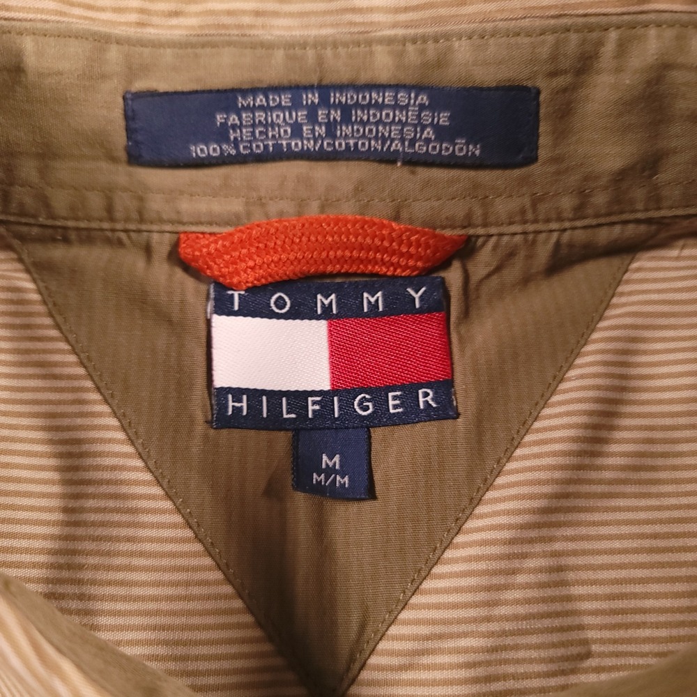 Vintage‎ Tommy Hilfiger Men Long Sleeve Button Shirt Medium Tan Pinstripe Cotton - Picture 3 of 8